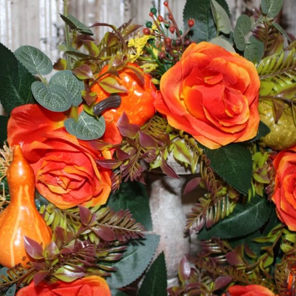 NEW 16" Orange Floral Pumpkin & Gourd Farmhouse Fall Wreath - Picture 2 of 4